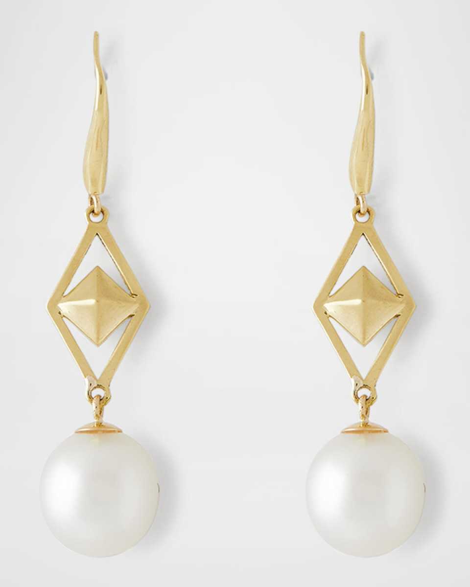 18K Yellow Gold Cube and 10mm South Sea Pearl Hook Earrings
